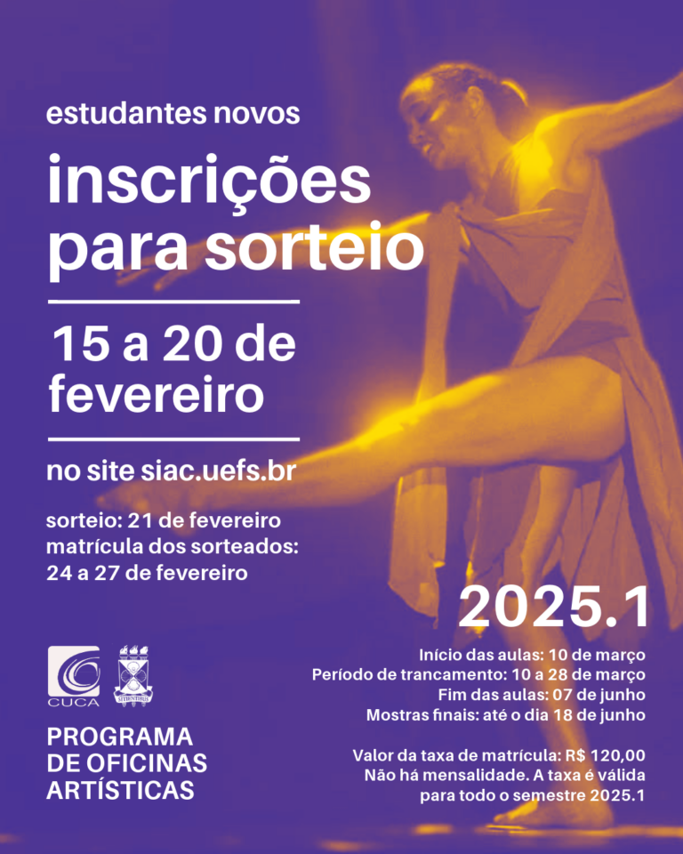 Cuca/Uefs segue com inscrições abertas para oficinas artísticas 2025.1 até o dia 20 de fevereiro