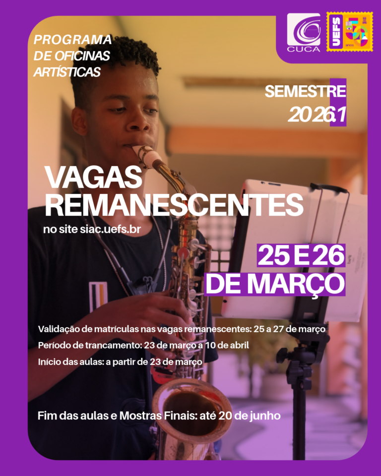 Cuca/Uefs abre matrículas para mais de 500 vagas em oficinas artísticas entre os dias 25 e 26 de março