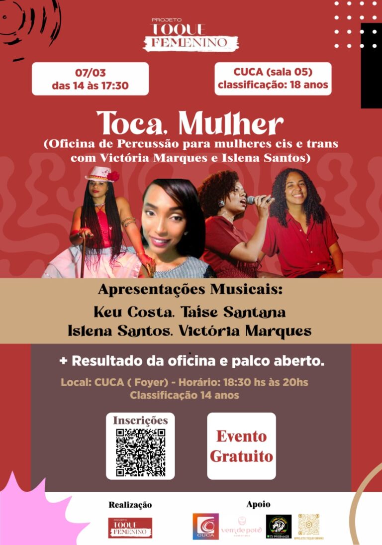 Oficina gratuita de percussão para mulheres é ministrada no Cuca/Uefs 
