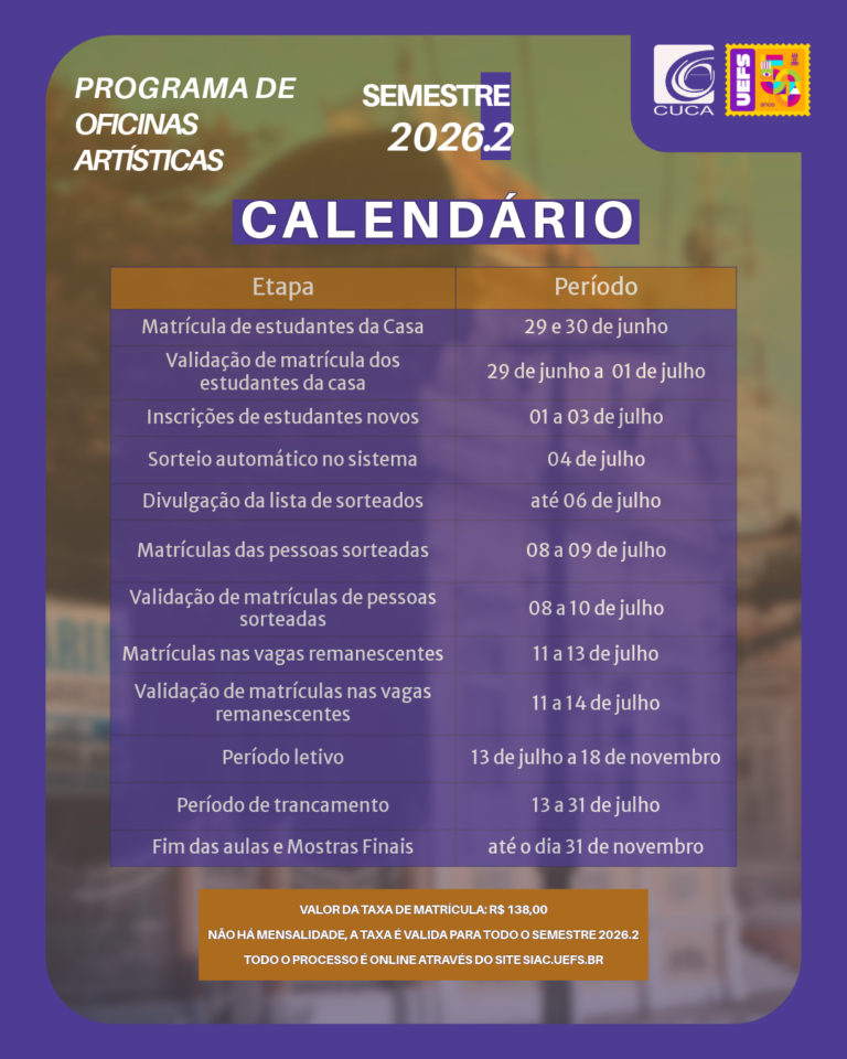 Cuca inicia as matrículas no Programa de Oficinas Artísticas a partir do dia 29 de junho